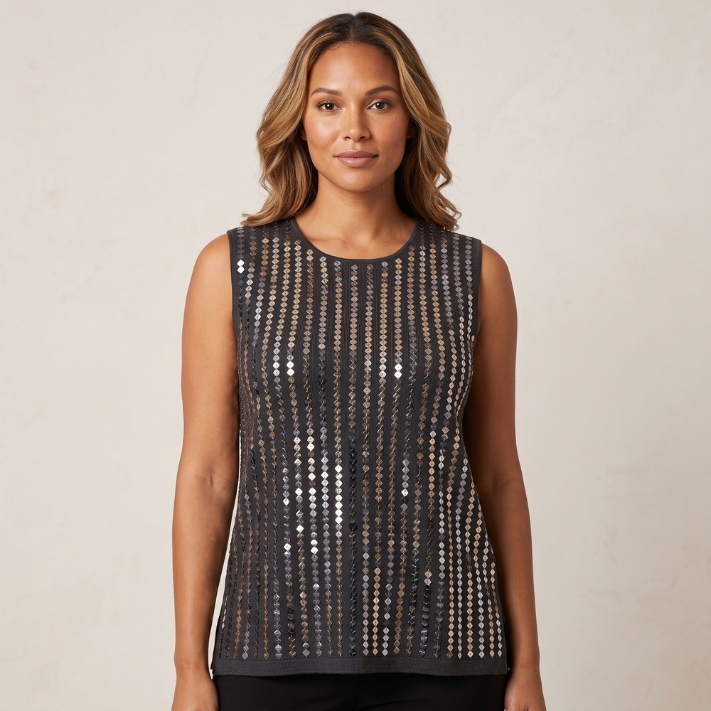 Victoria Jones Sweater Vest Women L Black Sequin Pattern Knit Sleeveless Top